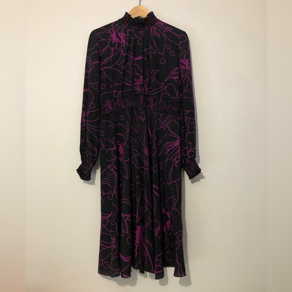 Akris Punto Sashiko Mulberry Silk Floral Long Sleeve High Neck Women’s 10 Dress